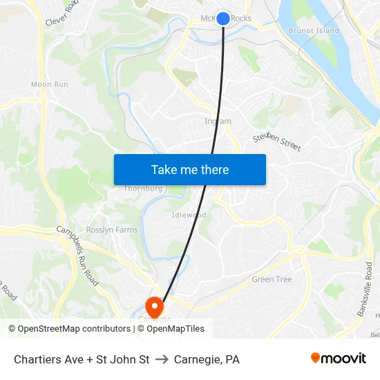 Chartiers Ave + St John St to Carnegie, PA map
