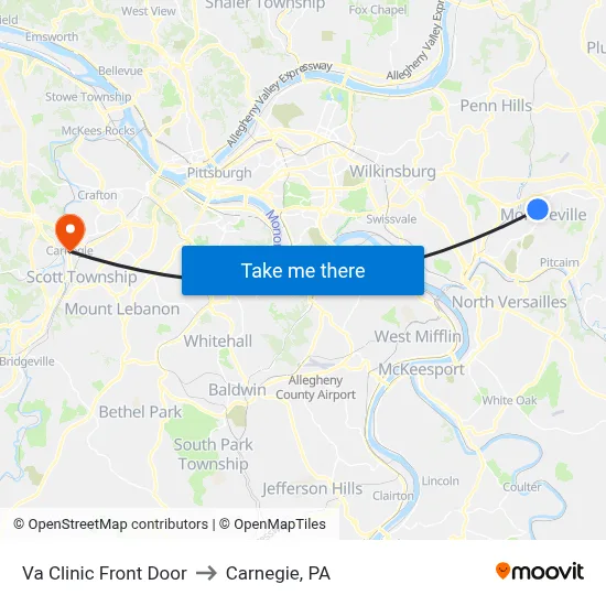 Va Clinic Front Door to Carnegie, PA map