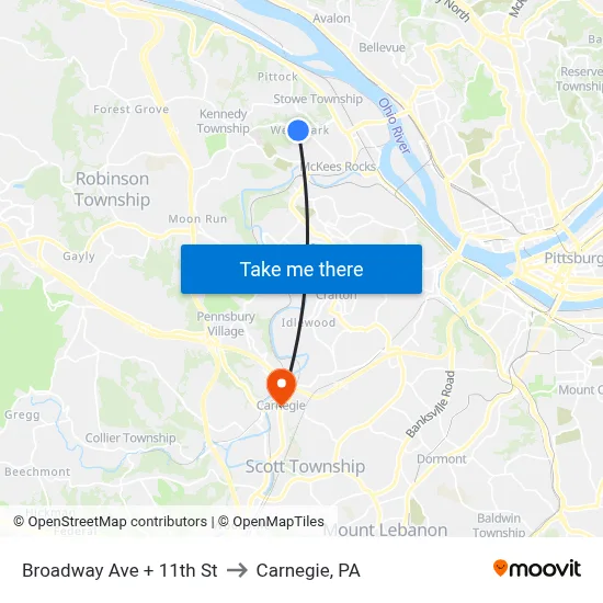 Broadway Ave + 11th St to Carnegie, PA map