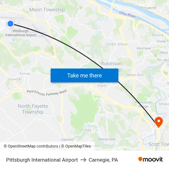 Pittsburgh International Airport to Carnegie, PA map