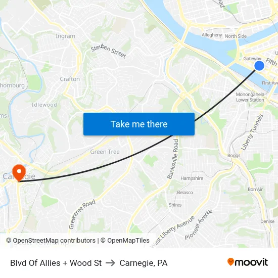 Blvd Of Allies + Wood St to Carnegie, PA map