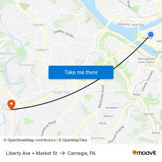 Liberty Ave + Market St to Carnegie, PA map