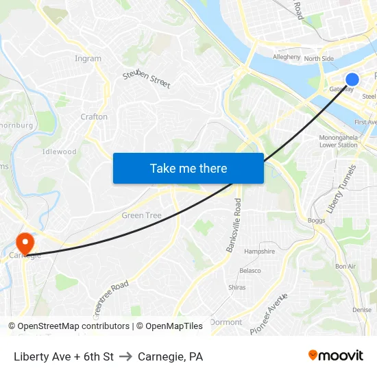 Liberty Ave + 6th St to Carnegie, PA map