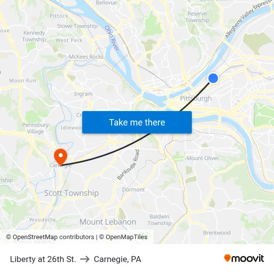 Liberty at 26th St. to Carnegie, PA map