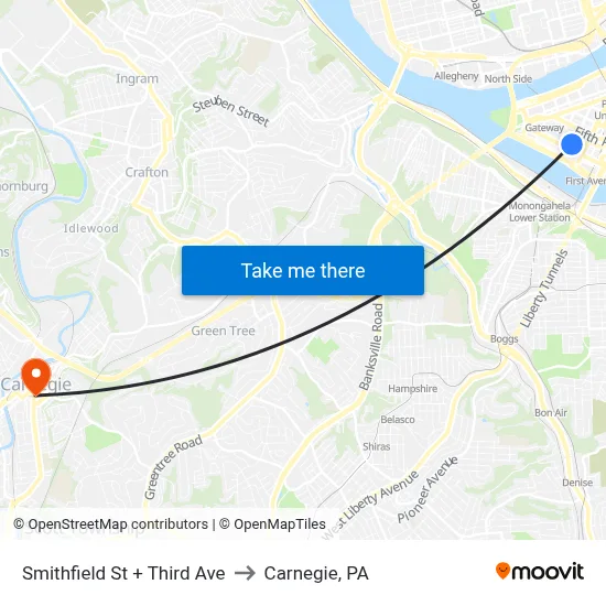Smithfield St + Third Ave to Carnegie, PA map