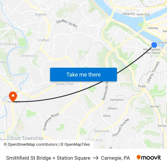 Smithfield St Bridge + Station Square to Carnegie, PA map