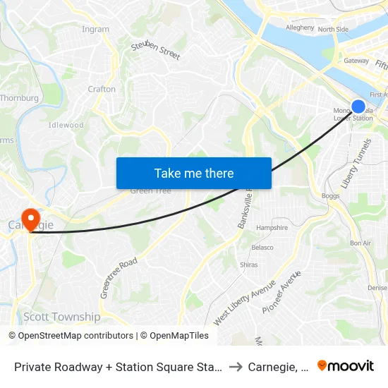 Private Roadway + Station Square Station to Carnegie, PA map