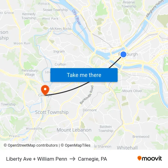 Liberty Ave + William Penn to Carnegie, PA map