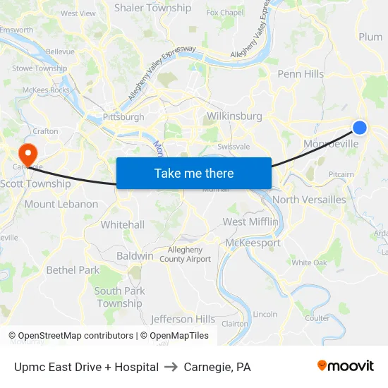 Upmc East Drive + Hospital to Carnegie, PA map