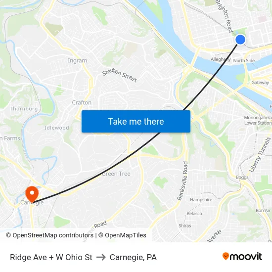Ridge Ave + W Ohio St to Carnegie, PA map
