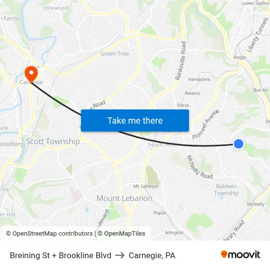 Breining St + Brookline Blvd to Carnegie, PA map