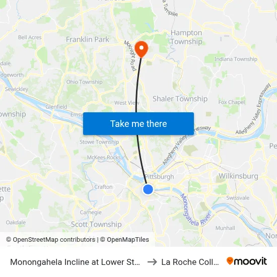 Monongahela Incline at Lower Station to La Roche College map