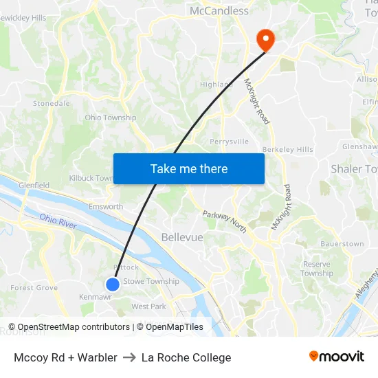 Mccoy Rd + Warbler to La Roche College map