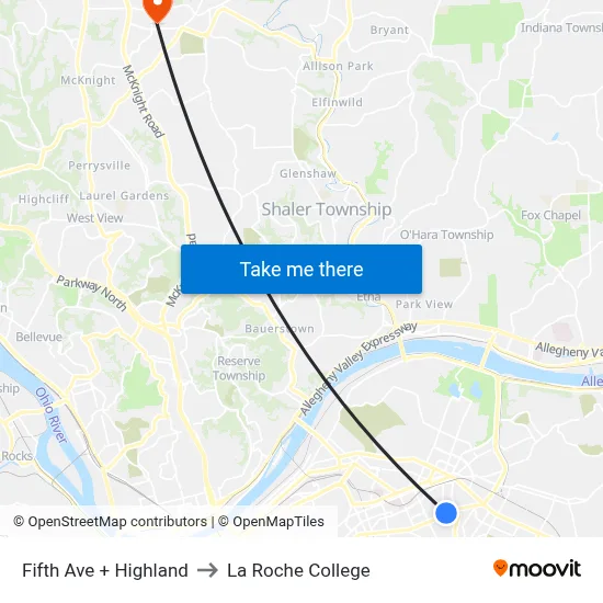 Fifth Ave + Highland to La Roche College map