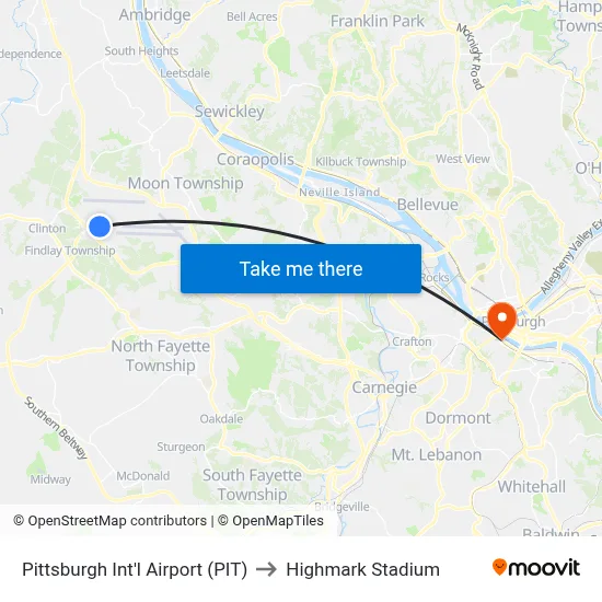 Pittsburgh Int'l Airport (PIT) to Highmark Stadium map