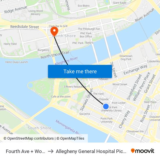 Fourth Ave + Wood to Allegheny General Hospital Pick-up map