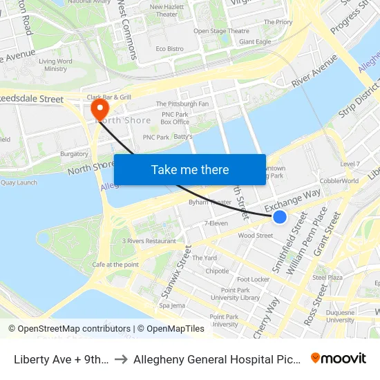 Liberty Ave + 9th St to Allegheny General Hospital Pick-up map