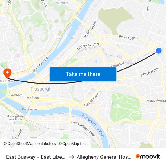 East Busway + East Liberty Station B to Allegheny General Hospital Pick-up map