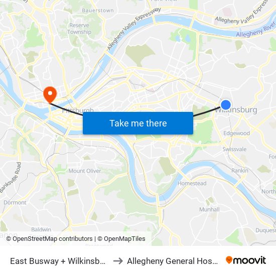 East Busway + Wilkinsburg Station B to Allegheny General Hospital Pick-up map