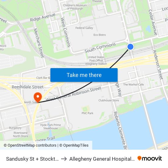 Sandusky St + Stockton Ave to Allegheny General Hospital Pick-up map