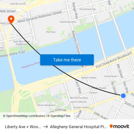 Liberty Ave + Wood St to Allegheny General Hospital Pick-up map