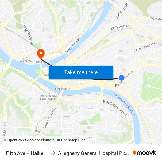 Fifth Ave + Halket St to Allegheny General Hospital Pick-up map