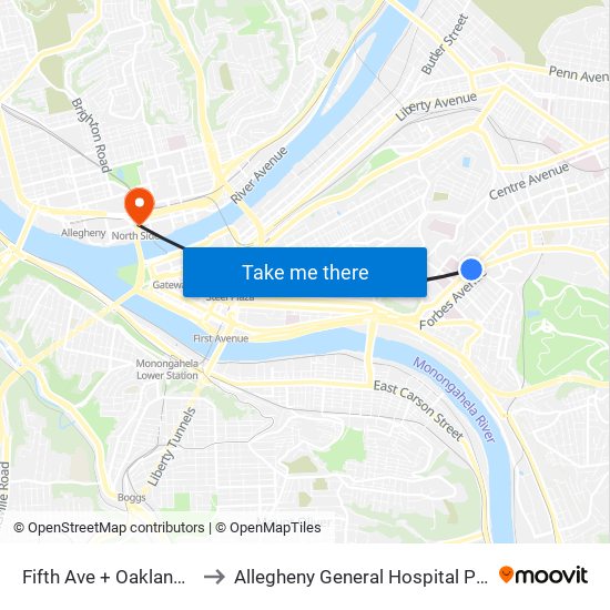 Fifth Ave + Oakland Ave to Allegheny General Hospital Pick-up map