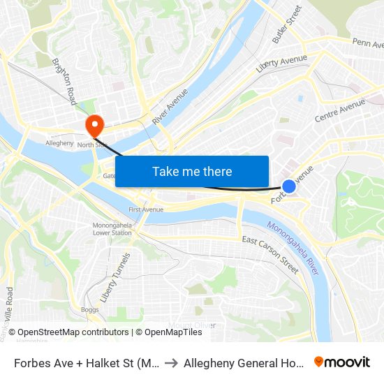 Forbes Ave + Halket St (Magee Hospital) to Allegheny General Hospital Pick-up map