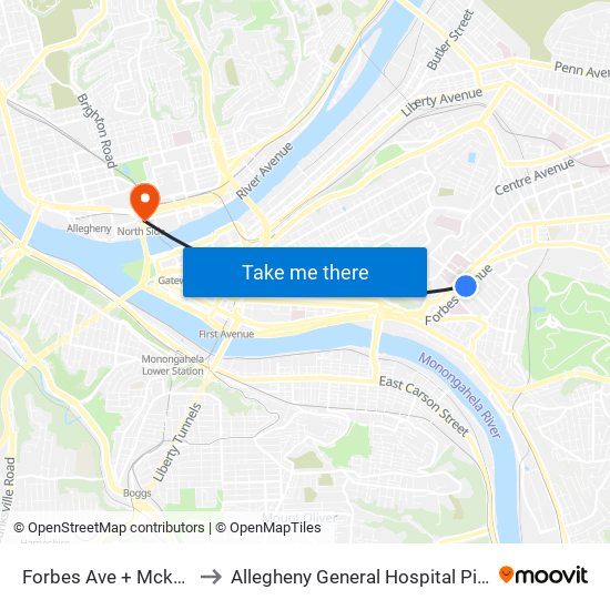 Forbes Ave + Mckee Pl to Allegheny General Hospital Pick-up map