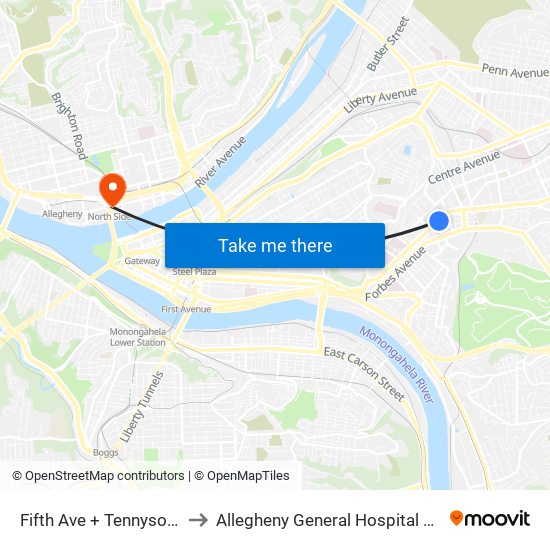 Fifth Ave + Tennyson Ave to Allegheny General Hospital Pick-up map