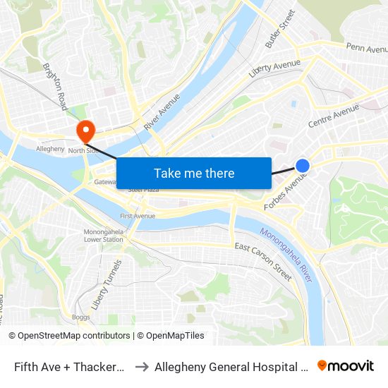 Fifth Ave + Thackeray Ave to Allegheny General Hospital Pick-up map