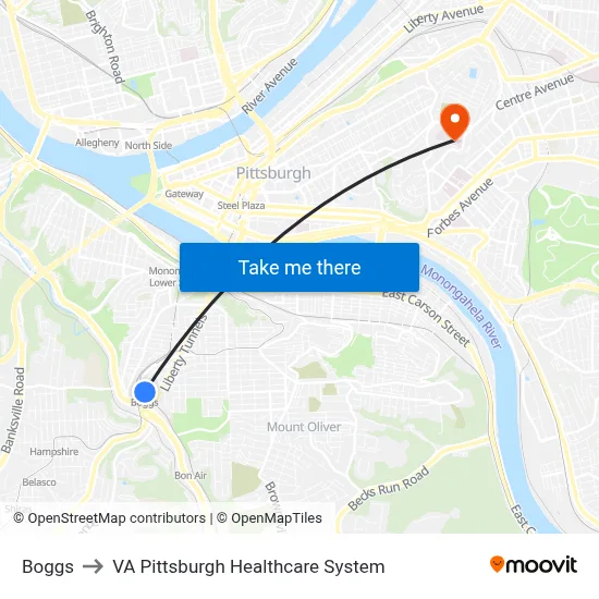 Boggs to VA Pittsburgh Healthcare System map