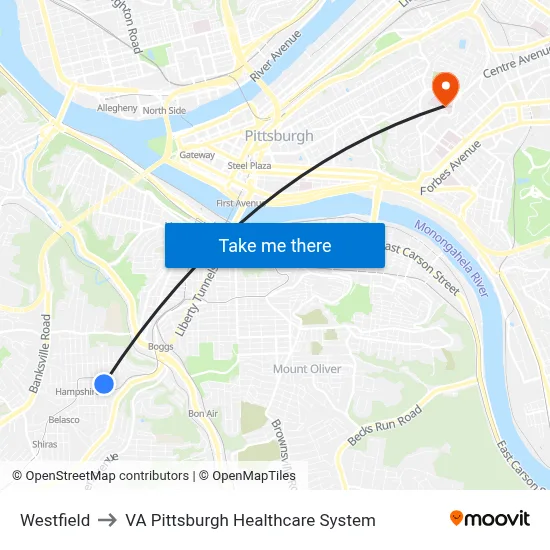 Westfield to VA Pittsburgh Healthcare System map