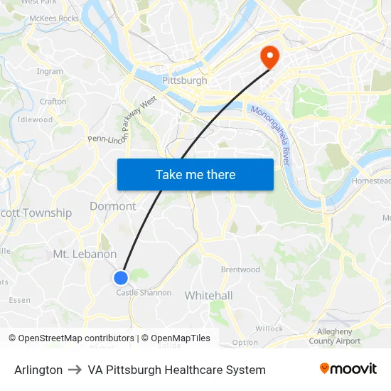 Arlington to VA Pittsburgh Healthcare System map
