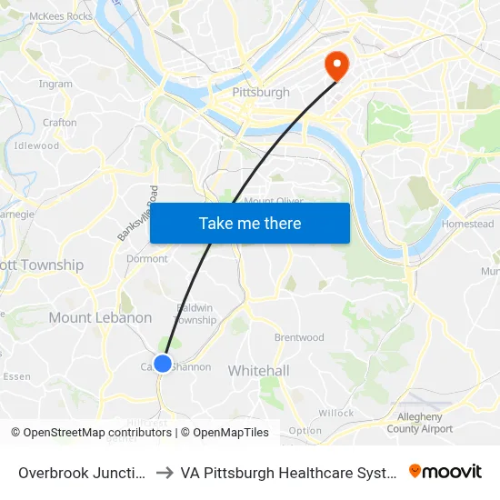 Overbrook Junction to VA Pittsburgh Healthcare System map