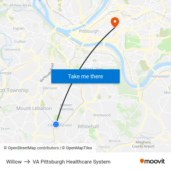 Willow to VA Pittsburgh Healthcare System map