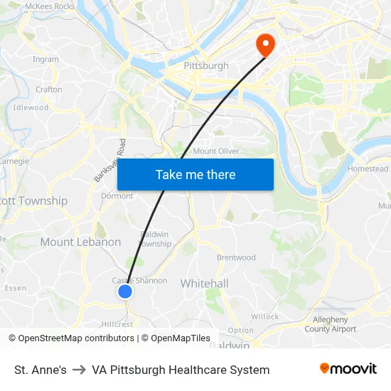 St. Anne's to VA Pittsburgh Healthcare System map