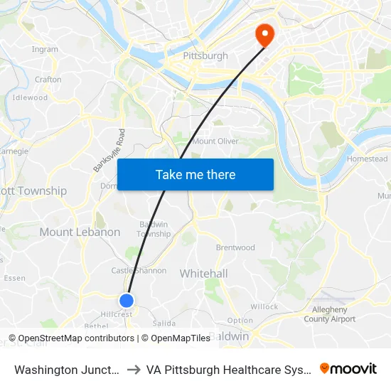 Washington Junction to VA Pittsburgh Healthcare System map