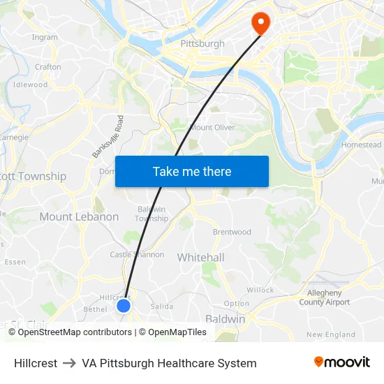 Hillcrest to VA Pittsburgh Healthcare System map