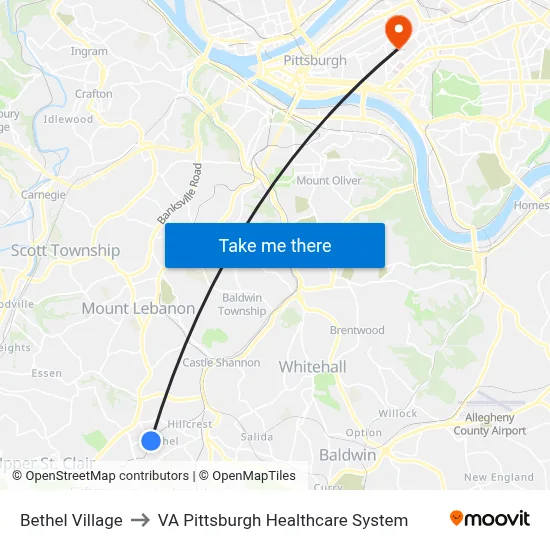 Bethel Village to VA Pittsburgh Healthcare System map