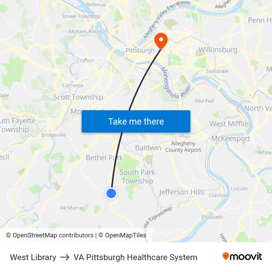 West Library to VA Pittsburgh Healthcare System map