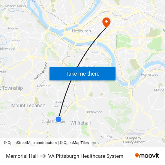 Memorial Hall to VA Pittsburgh Healthcare System map