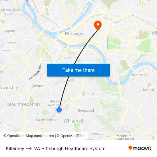 Killarney to VA Pittsburgh Healthcare System map