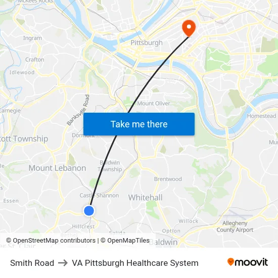 Smith Road to VA Pittsburgh Healthcare System map