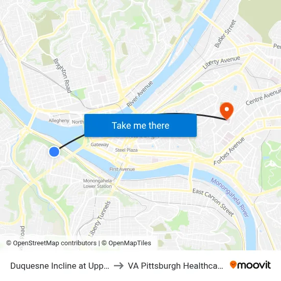 Duquesne Incline at Upper Station to VA Pittsburgh Healthcare System map