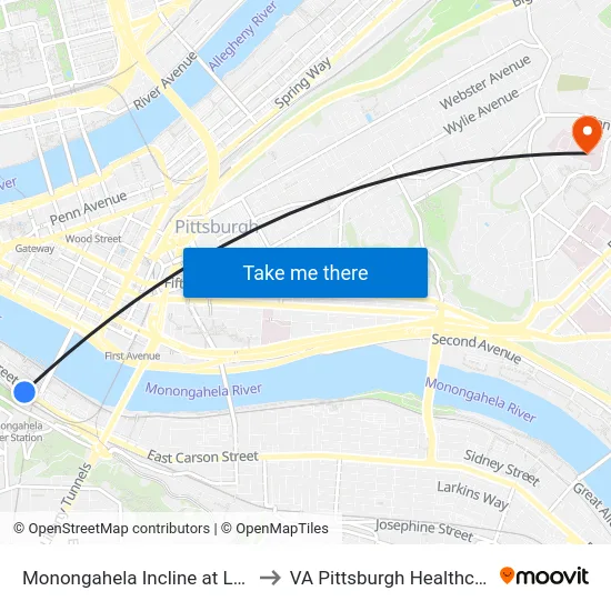 Monongahela Incline at Lower Station to VA Pittsburgh Healthcare System map
