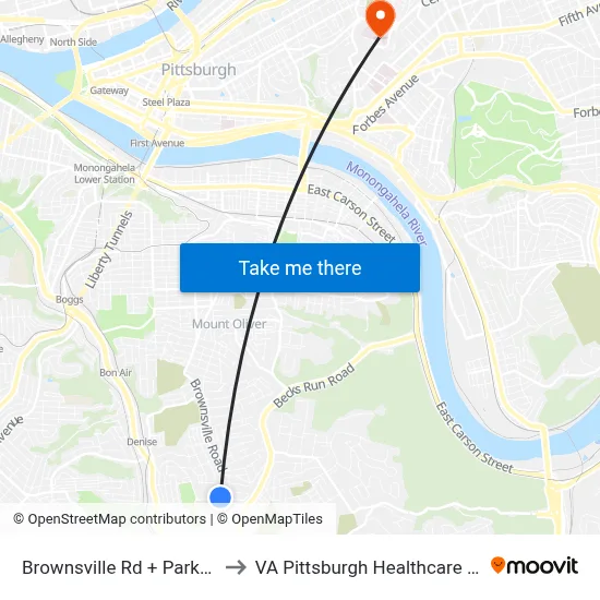 Brownsville Rd + Parkfield St to VA Pittsburgh Healthcare System map