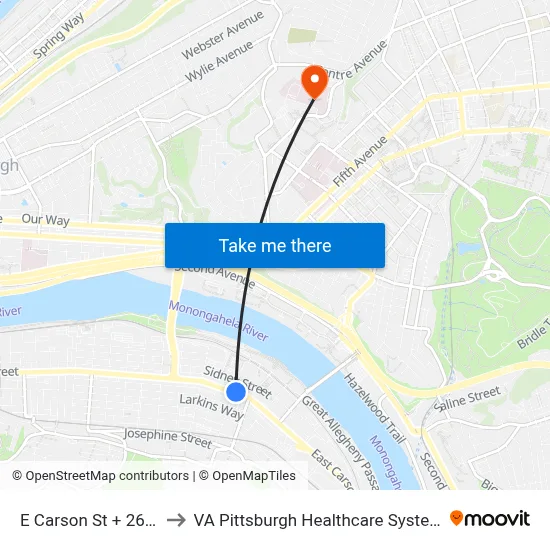 E Carson St + 26th to VA Pittsburgh Healthcare System map
