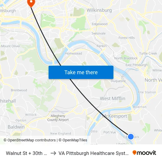 Walnut St + 30th FS to VA Pittsburgh Healthcare System map