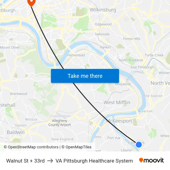 Walnut St + 33rd to VA Pittsburgh Healthcare System map
